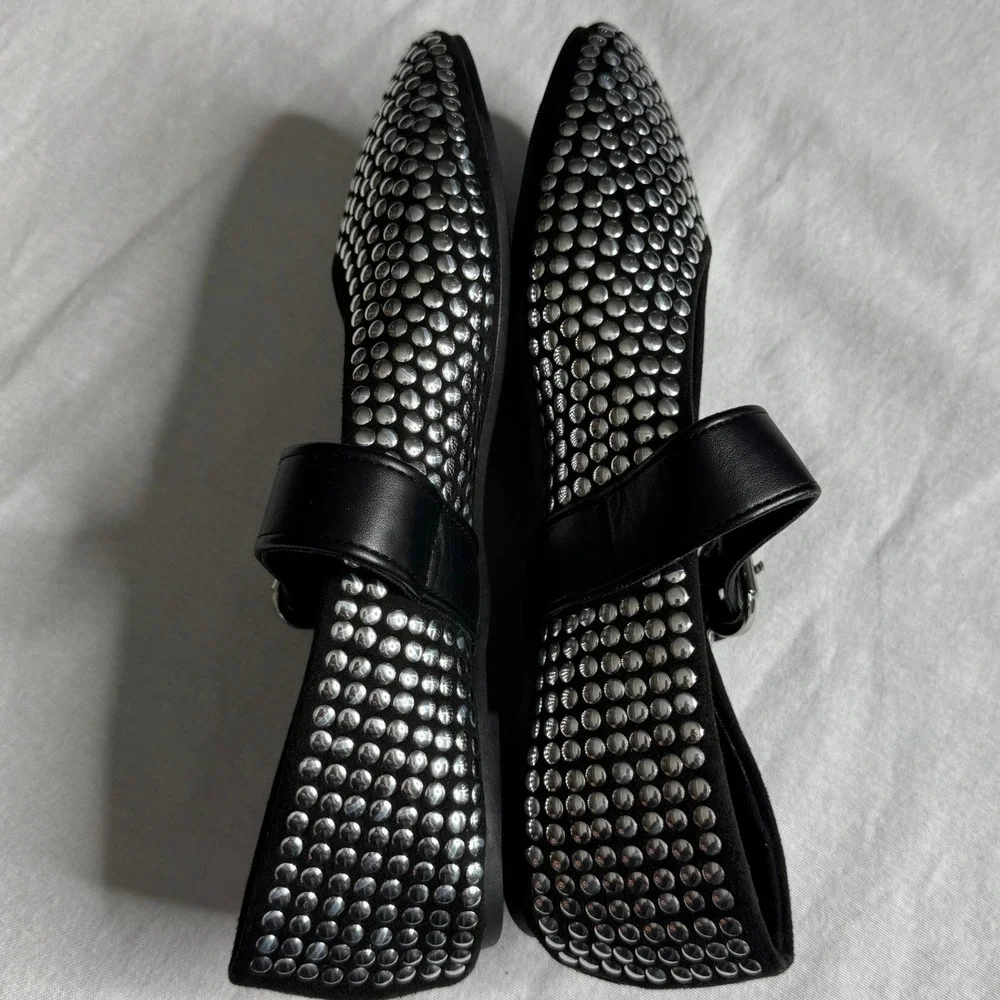 Studded Mary Jane Flats Black Silver Buckle Punk Ballerina Shoes Womens 37 6.5-7
